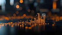 Glowing orange financial chart bars on dark reflective surface with bokeh background lights, showing upward market trend and business growth analysis.