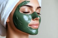 Young woman with green clay mask facial treatment wearing white towel on head, eyes closed, natural makeup and glowing skin for spa and beauty concept.