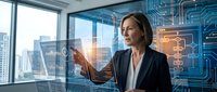 Professional businesswoman interacting with futuristic holographic interface in modern office with city skyline view for technology presentations.