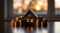Small wooden house model surrounded by stacks of golden coins on reflective surface with warm bokeh lights in background for real estate investment.