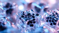 Frozen ice cubes with bubbles in blue and pink neon lighting create abstract macro photography composition with bokeh effect and crystalline structure.