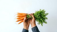 Fresh organic carrots with green leafy tops held in hands against white background, suitable for healthy eating, nutrition, farm produce, and organic food marketing materials.