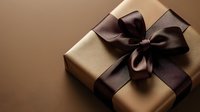 Elegant gift box wrapped in gold paper with luxurious brown satin ribbon and bow against dark background, creating sophisticated festive mood for special occasions.
