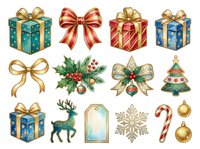 Festive gift boxes with gold bows, holly wreaths, decorative bows, reindeer, ornaments, snowflakes and candy canes isolated on white background for holiday design projects and seasonal decorations.