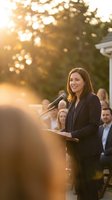 Confident Caucasian businesswoman in navy suit speaking at outdoor podium during golden hour event with audience in background.