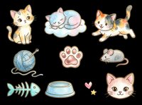 Cute watercolor cat sticker set isolated on transparent background, featuring kittens, paw print, yarn, fish bone, mouse, and bowl for t-shirts, clipart, and print on demand.