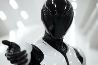 Futuristic humanoid robot with glossy black helmet and white body armor pointing forward in modern laboratory setting with bright lighting.