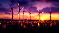 Silhouettes of wind turbines against dramatic purple sunset sky with bokeh light effects and grass field, renewable energy concept for sustainability projects.