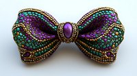 Ornate beaded bow tie with purple velvet center and multicolored rhinestone embellishments on white background, isolated luxury fashion accessory for formal wear.