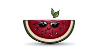 Cool watermelon slice wearing sunglasses with green leaves on white background. Fun summer fruit character for apparel design and clipart projects.