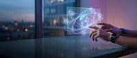 Man's hand with smartwatch displaying holographic atom symbol and digital network icons above modern office desk at sunset.