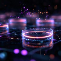 Glowing neon circles with purple and orange light effects on dark background, floating particles and bokeh create futuristic technological atmosphere.