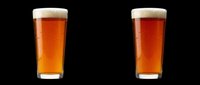 Two cold amber beer pint glasses with frothy foam heads, isolated on transparent background, ready for bar menus, t-shirt design, stickers, clipart, and print on demand.