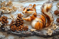 Red squirrel with fluffy tail sitting on branch surrounded by pine cones and autumn flowers in orange and brown tones against textured white background.