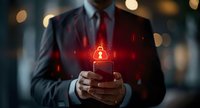 Businessman holding smartphone with glowing red digital padlock hologram, representing cybersecurity and data protection in modern corporate environment. Perfect for security and technology concepts.
