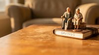 Senior couple figurines standing on savings book with stacked coins on wooden table, blurred living room background, representing retirement planning and financial security.