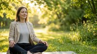 Young woman of Caucasian ethnicity meditating in lotus position on grass in sunny park surrounded by green trees and natural light, suitable for wellness, mindfulness and lifestyle content.