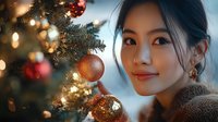 Young Asian woman smiling warmly next to decorated Christmas tree with glowing lights and ornaments, wearing cozy sweater, creating festive holiday atmosphere.
