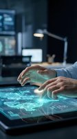 Hands of male professional interacting with glowing holographic digital interface on futuristic touchscreen tablet in dark office workspace, representing technology innovation and data analysis.