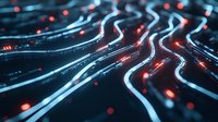Glowing blue circuit paths with red light dots on dark background create futuristic technology pattern, representing digital data flow and connectivity.