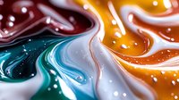 Abstract fluid art with swirling teal, orange and burgundy paint creating organic flowing patterns with glossy wet texture for modern design projects.