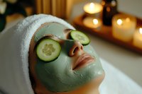 Woman relaxing with green clay facial mask and cucumber slices on eyes during spa treatment with candles creating peaceful wellness atmosphere.