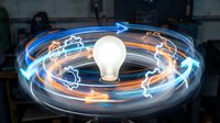 Glowing light bulb surrounded by blue and orange energy waves in circular motion, representing innovation, electricity, and creative thinking for technology concepts.