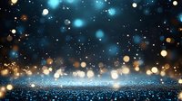Sparkling blue and gold bokeh lights creating magical atmosphere with glittering particles floating over shimmering surface for festive backgrounds.
