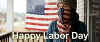 Patriotic worker celebrating Labor Day with American flag bandana and beanie hat on porch with USA flag background for holiday greeting cards and social media.