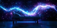 Mystical glowing energy wave flows above hospital bed in dark room with starry cosmic background, creating surreal medical science atmosphere.