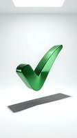 Green metallic checkmark symbol floating above surface with shadow, representing approval, success, and validation for business, web design, and marketing applications.