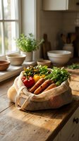 Fresh organic vegetables in eco-friendly mesh bag on rustic wooden kitchen counter with natural lighting for sustainable cooking and healthy lifestyle.