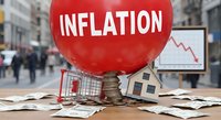 Red balloon with inflation text over scattered money bills, shopping cart, house model and declining chart on wooden surface representing economic crisis and rising costs.