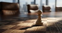 White chess pawn stands alone on wooden table in modern office boardroom with leather chairs and city skyline background representing leadership strategy.