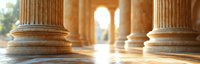Ancient marble columns in golden sunlight with dramatic shadows creating architectural perspective, classical building interior with sunbeams through pillars.