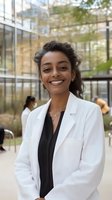 Confident African American female medical professional in white coat and black blouse smiling warmly at camera in modern hospital setting with natural lighting.