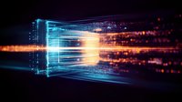 Glowing digital portal with streaming light effects and futuristic technology particles, orange and blue neon rays moving through cyber tunnel in dark space.