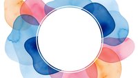 Watercolor circular frame with vibrant overlapping shapes in blue, pink, orange hues. Abstract floral-like design with transparent layers for creative projects.