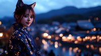 Young Asian woman in floral kimono with cat ears against evening cityscape with bokeh lights and mountain silhouette in background, atmospheric night photography.