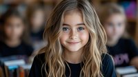 Young blonde girl with wavy hair and bright blue eyes smiling warmly at camera in classroom setting, wearing black top, natural makeup look, students blurred in background.
