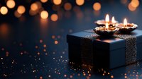 Elegant navy gift box with glowing candles and golden bokeh lights creating magical holiday atmosphere against dark background. Romantic celebration concept.