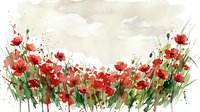 Watercolor poppy field with red blooms and green stems against a soft cloudy sky, painted in loose artistic style with copy space.