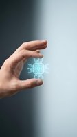 Hand holding glowing microchip processor with circuit connections representing artificial intelligence and digital technology innovation.