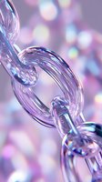 Transparent glass chain links on purple bokeh background with iridescent reflections and holographic effects create modern artistic composition.