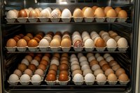 Chicken eggs in various shades stored in cardboard trays inside an incubator or poultry storage unit for hatching or commercial use.