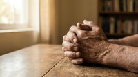 Elderly hands clasped in prayer on wooden table near window, expressing faith, spirituality and devotion in warm natural light for religious content.