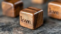 Wooden cube with love text engraved on surface, surrounded by blurred cubes on stone background. Use for romantic greeting cards, wedding invitations, Valentine's Day designs.