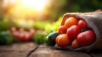 Fresh ripe tomatoes spilling from burlap sack on rustic wooden surface with water drops and natural sunlight, green herbs in background.