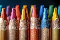 Macro view of colorful wooden pencil tips arranged in row showing detailed texture and sharpened points against dark background, artistic education concept.