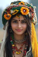 Young South Asian woman wearing traditional ornate headdress with sunflowers, ethnic jewelry and bindi dot, smiling gently at camera in cultural portrait setting.